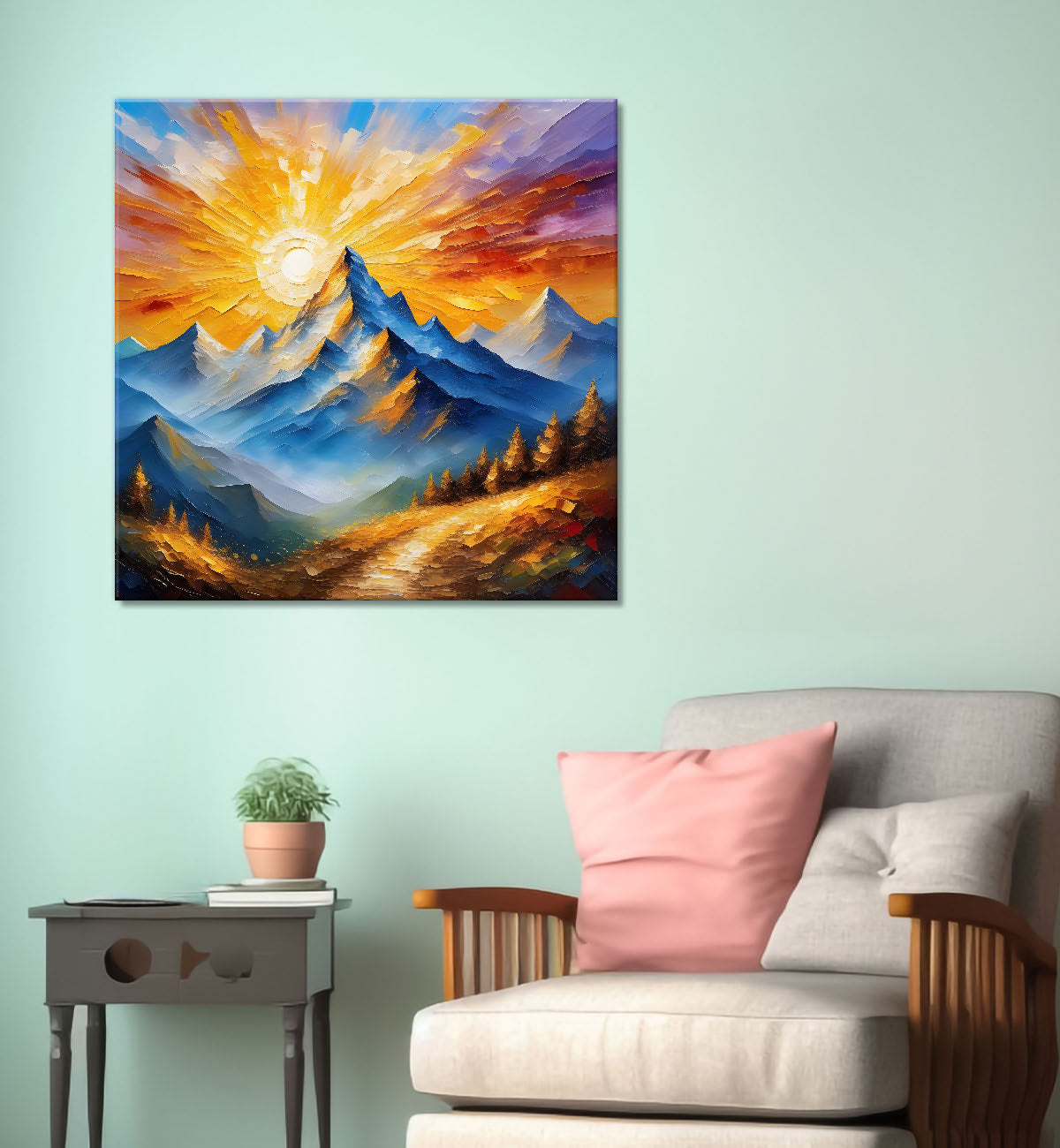 Mountains with sunrise textured painting Canvas Painting 24X24- Nature Art -S-26