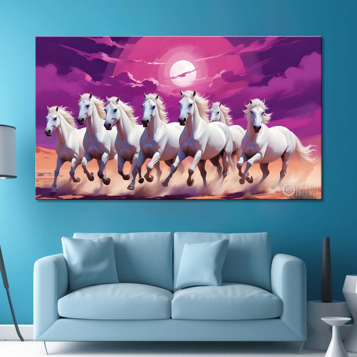 White horses running on sand with moon in purple textured background art Canvas Painting - Design - Horse-27