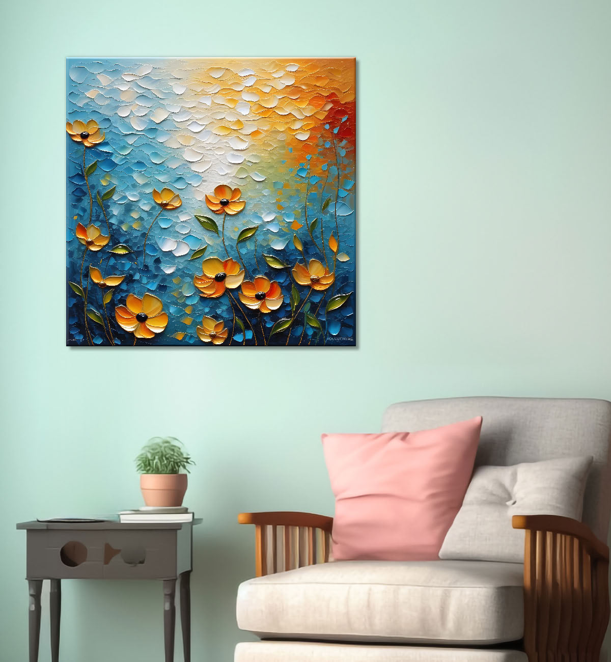 Orange flowers in blue background textured painting Canvas Painting 24X24- Nature Art -S-27