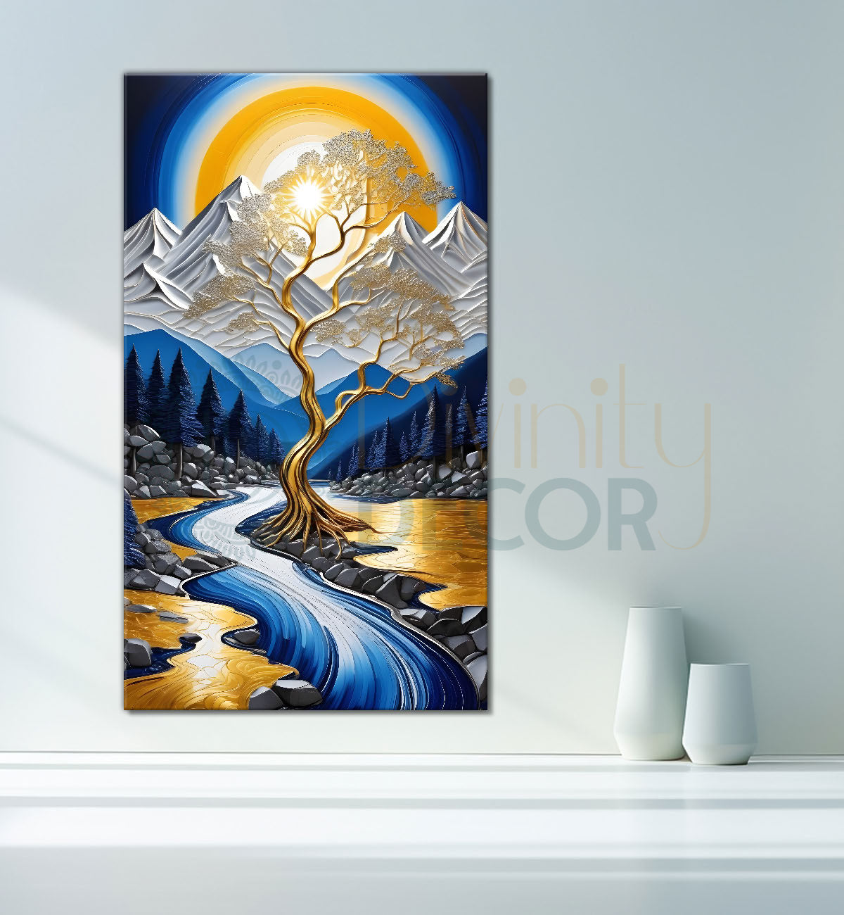 Beautiful scenery in white ,golden and blue textured natural art Canvas Painting - Nature Art -V-27