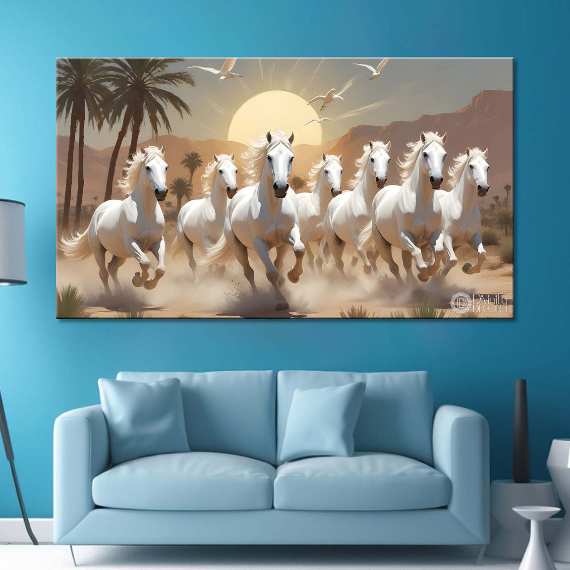 White horses running on sand with mountains and sunrise textured background art Canvas Painting - Design - Horse-28