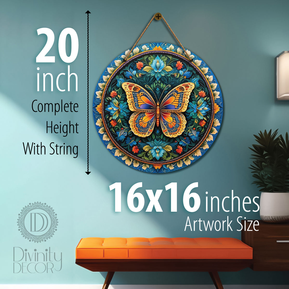 Butterfly floral and blue mandala Round Wooden Wall Hanging for wall Décor - Design - 28