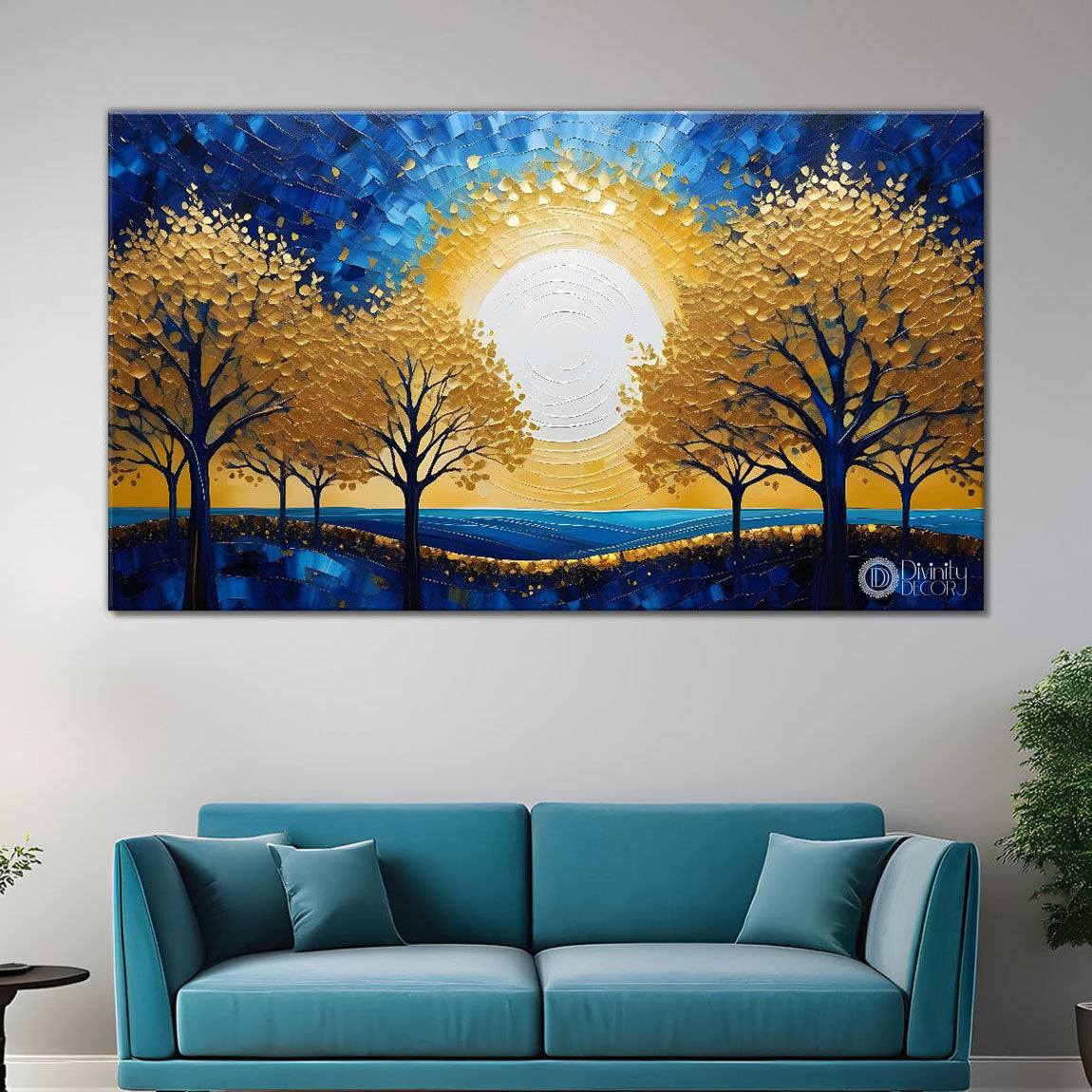 Golden trees with sun textured modern art Canvas Painting - Design - Tree-28