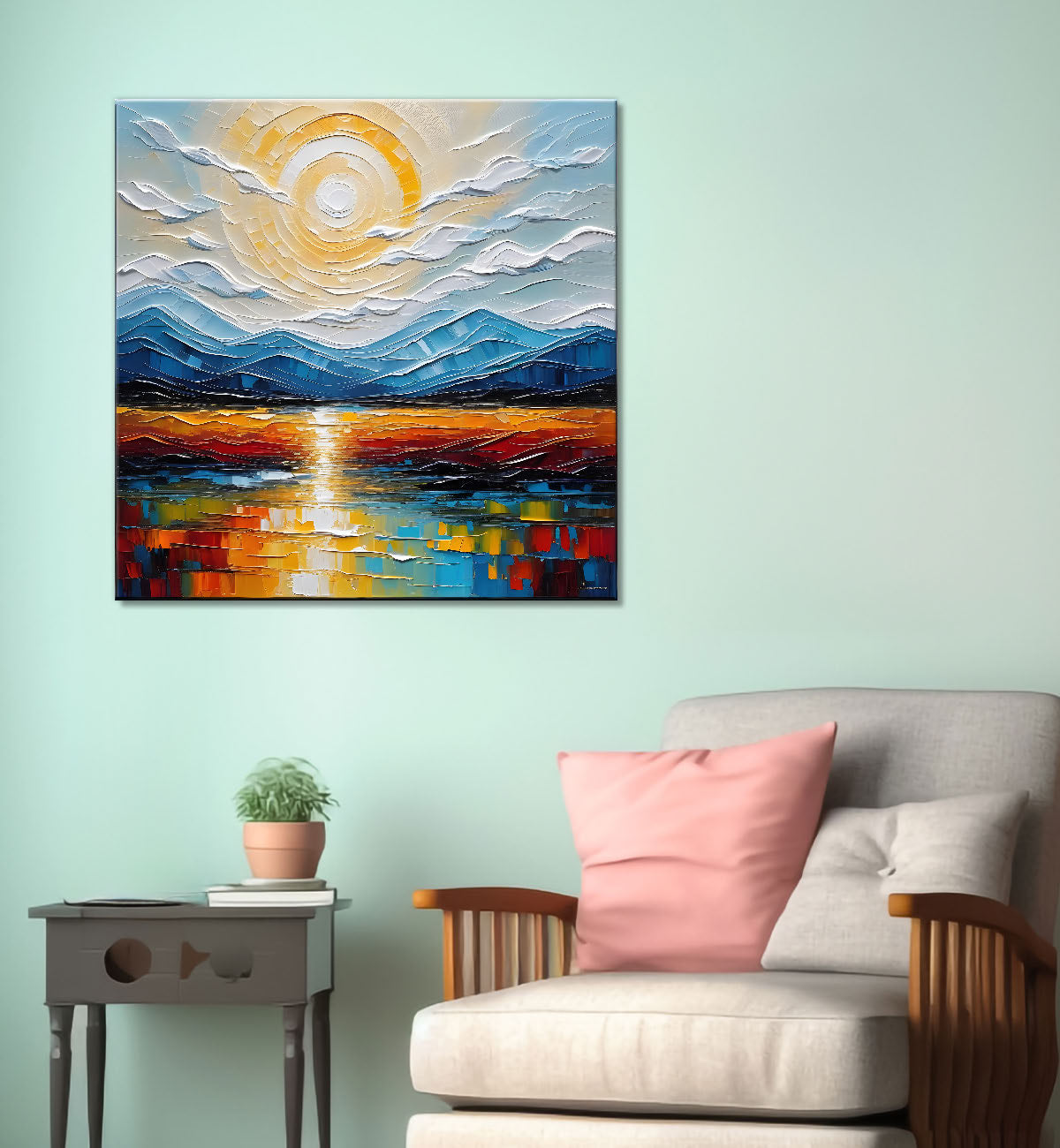 Mountians and lake with sunrise background painting Canvas Painting 24X24- Nature Art -S-28