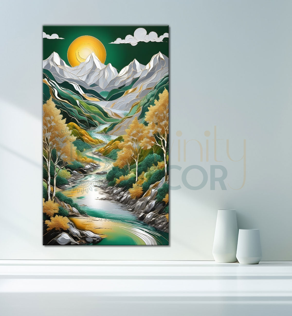 Green mountains with golden treesand white moon textured natural art Canvas Painting - Nature Art -V-28