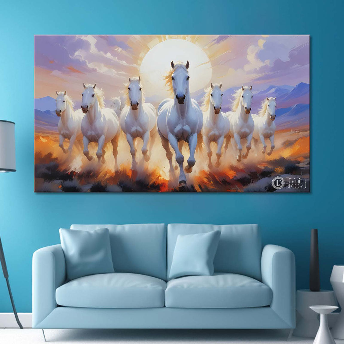 White running horses with mountains and sunrise textured background art Canvas Painting - Design - Horse-29