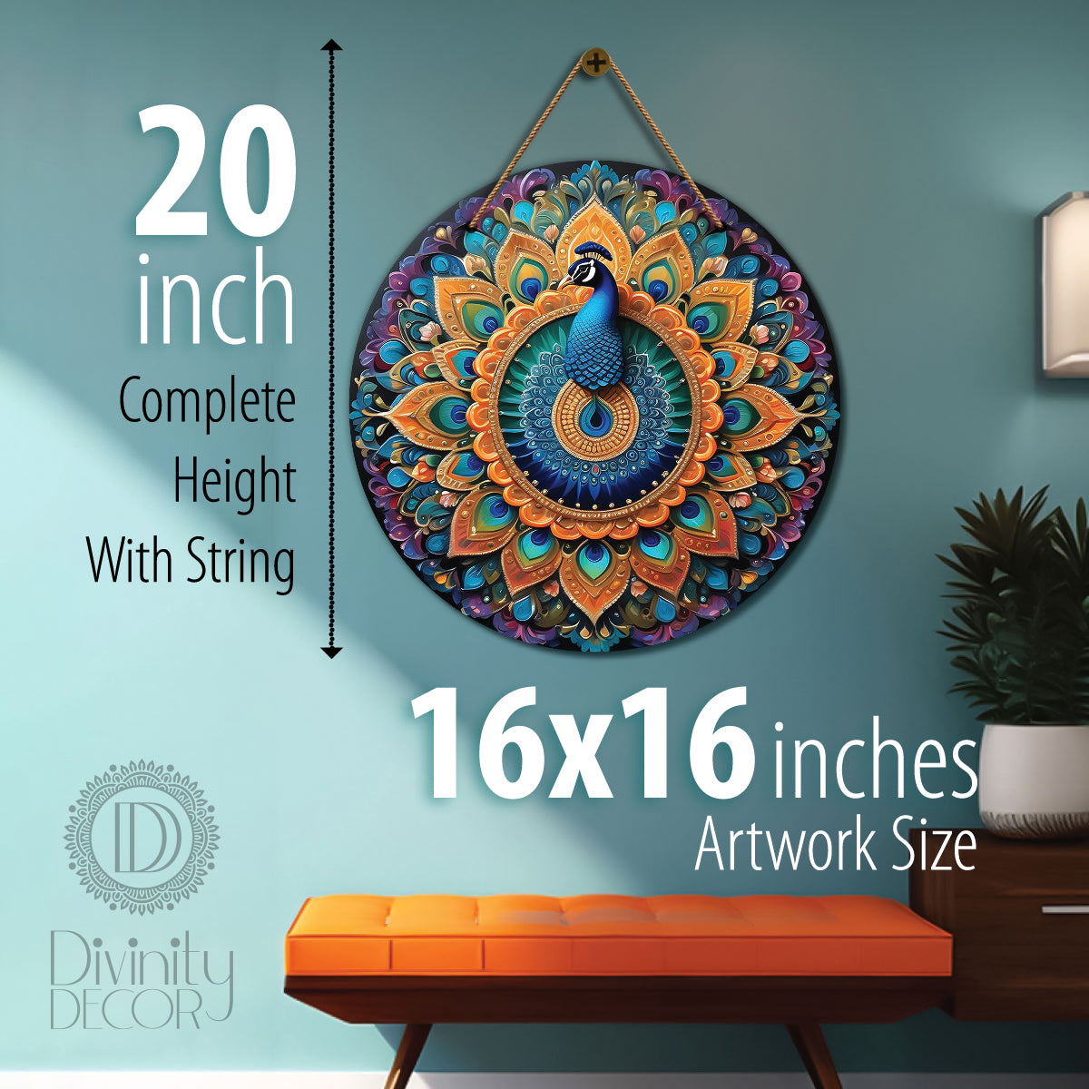 Peacock in golden and blue mandala Round Wooden Wall Hanging for wall Décor - Design - 29