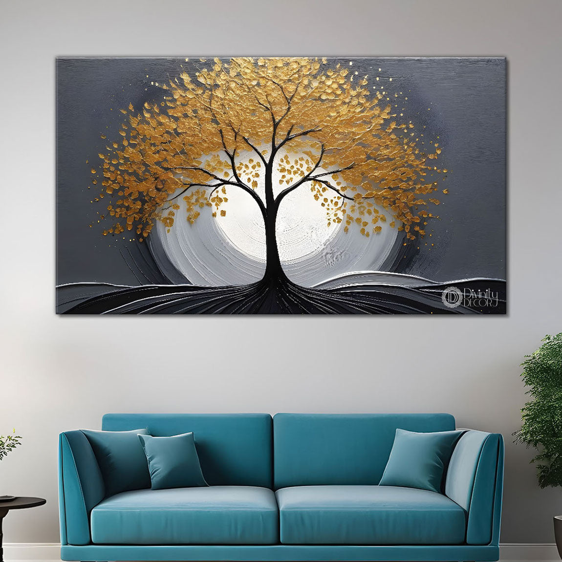 Golden tree in grey background textured modern art Canvas Painting - Design - Tree-29