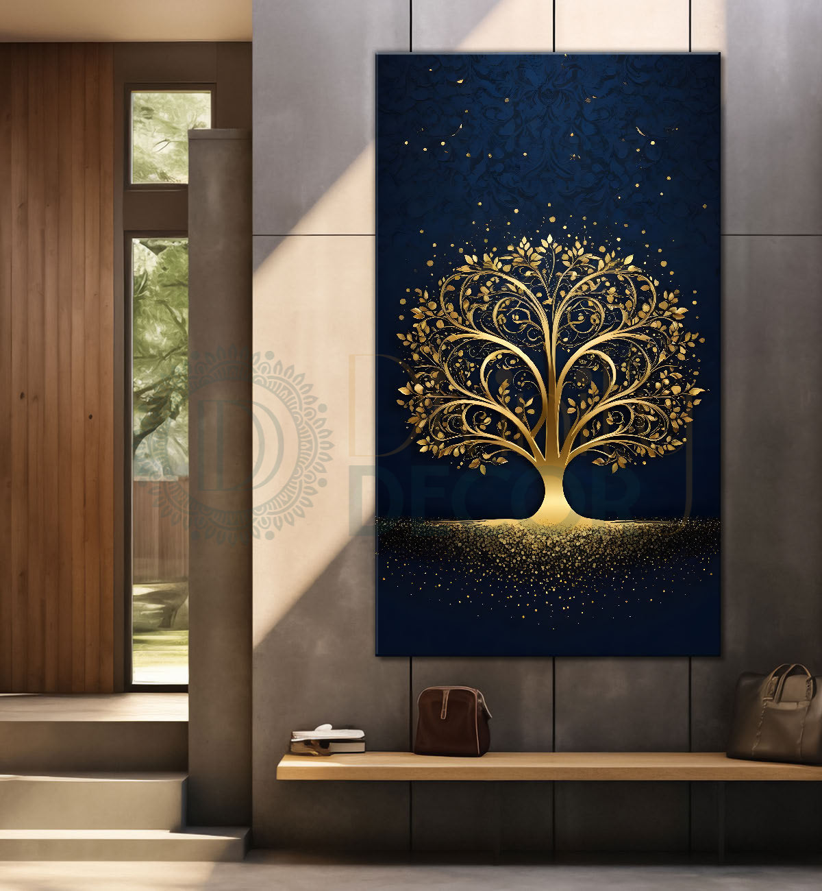 Golden tree in dark blue texutred background modern art Canvas painting - Tree-V-2