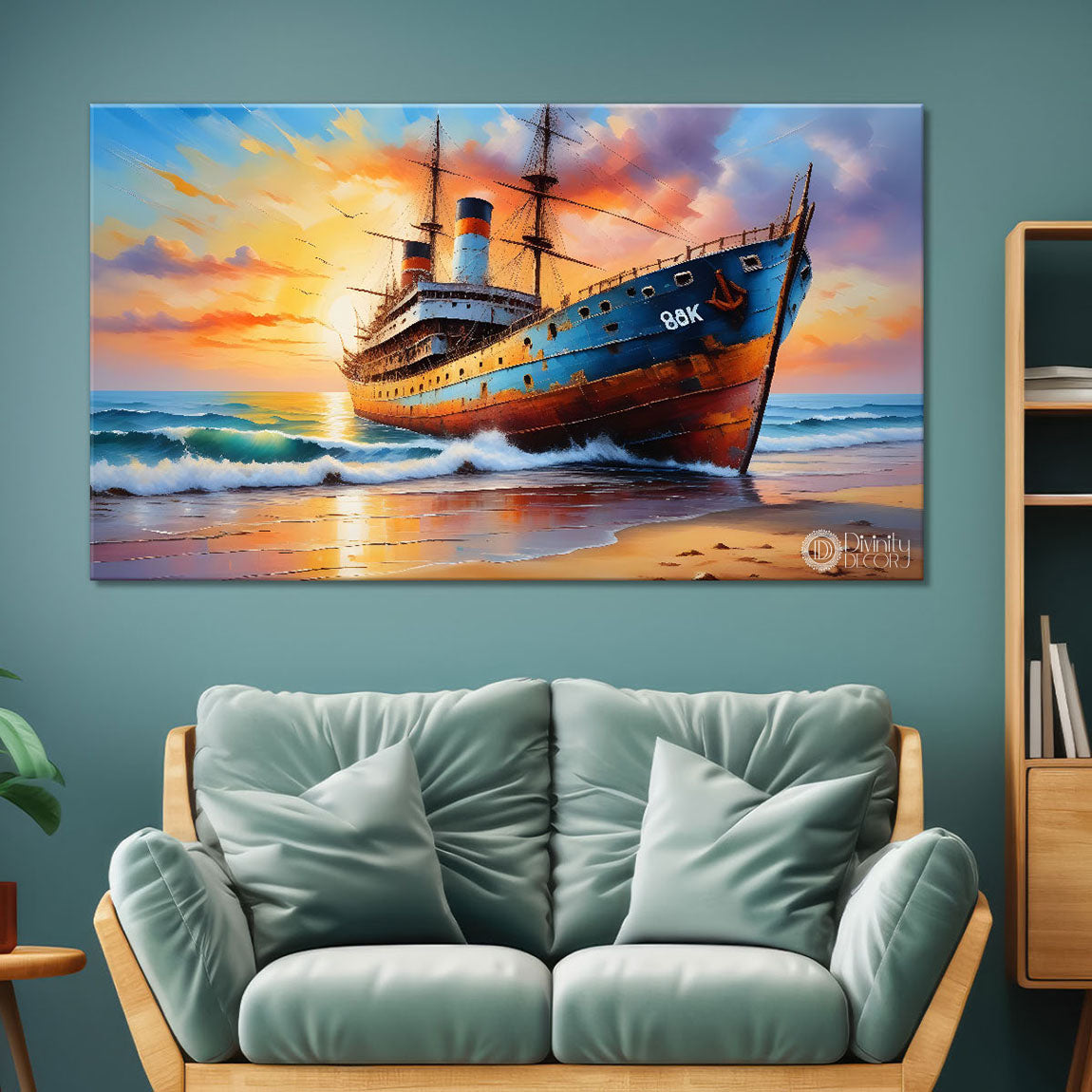 Ship with sunset background in textured modern art canvas painting - Design - River-3