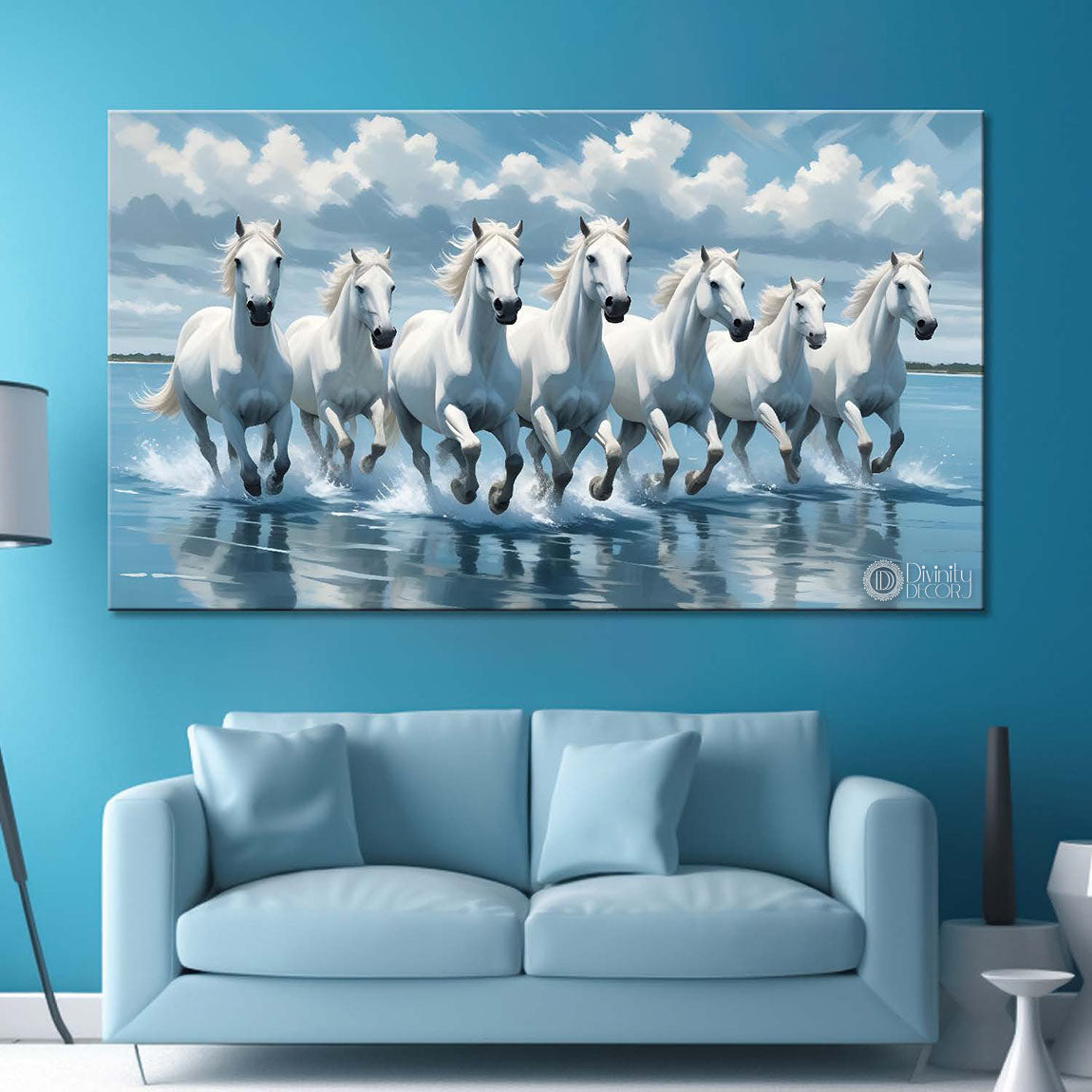 White running horses on the water with cloudy and sky blue textured background art Canvas Painting - Design - Horse-30