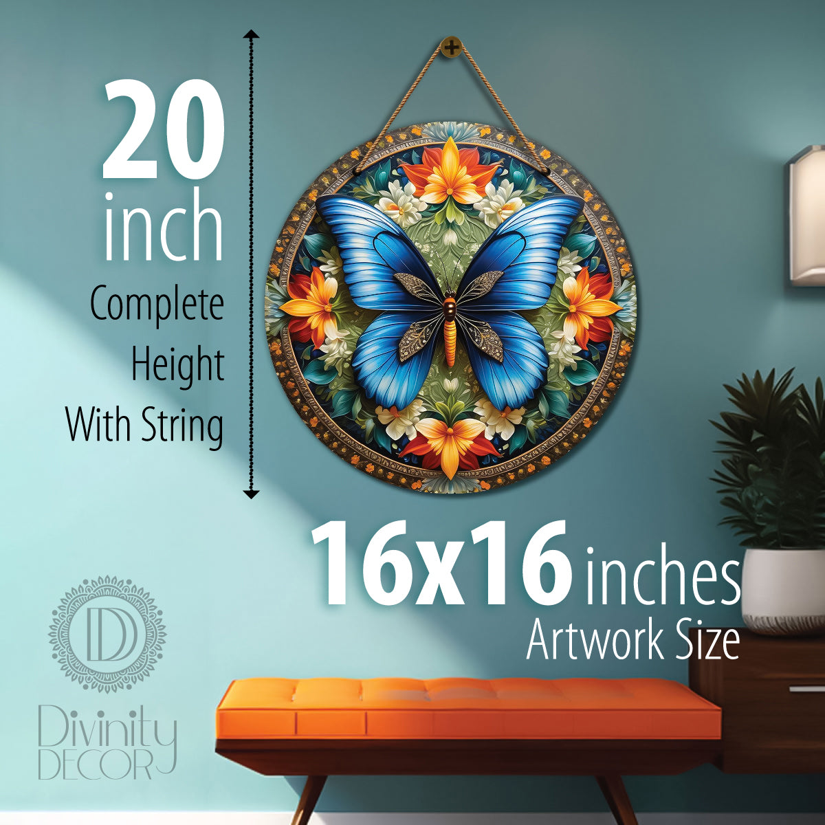 Blue butterfly in floral and blue mandala Round Wooden Wall Hanging for wall Décor - Design - 30