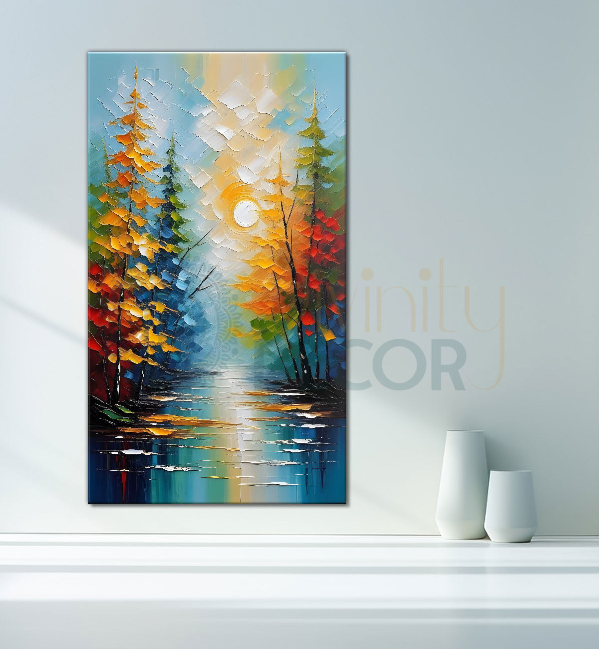 Colourful trees with lake in textured painting  Canvas Painting - Nature Art -V-30