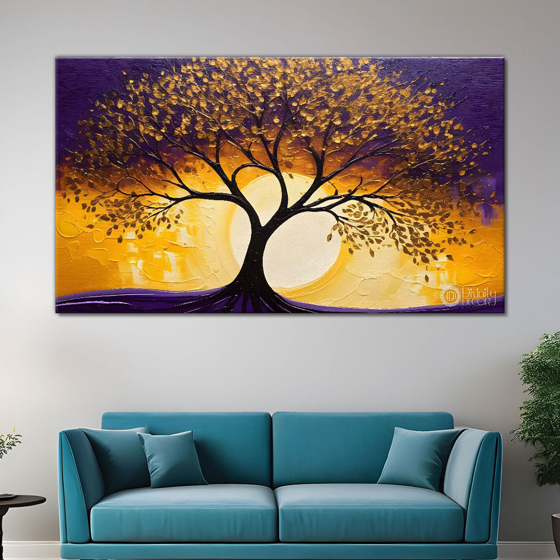 Golden tree in purple textured background modern art Canvas Painting - Design - Tree-30