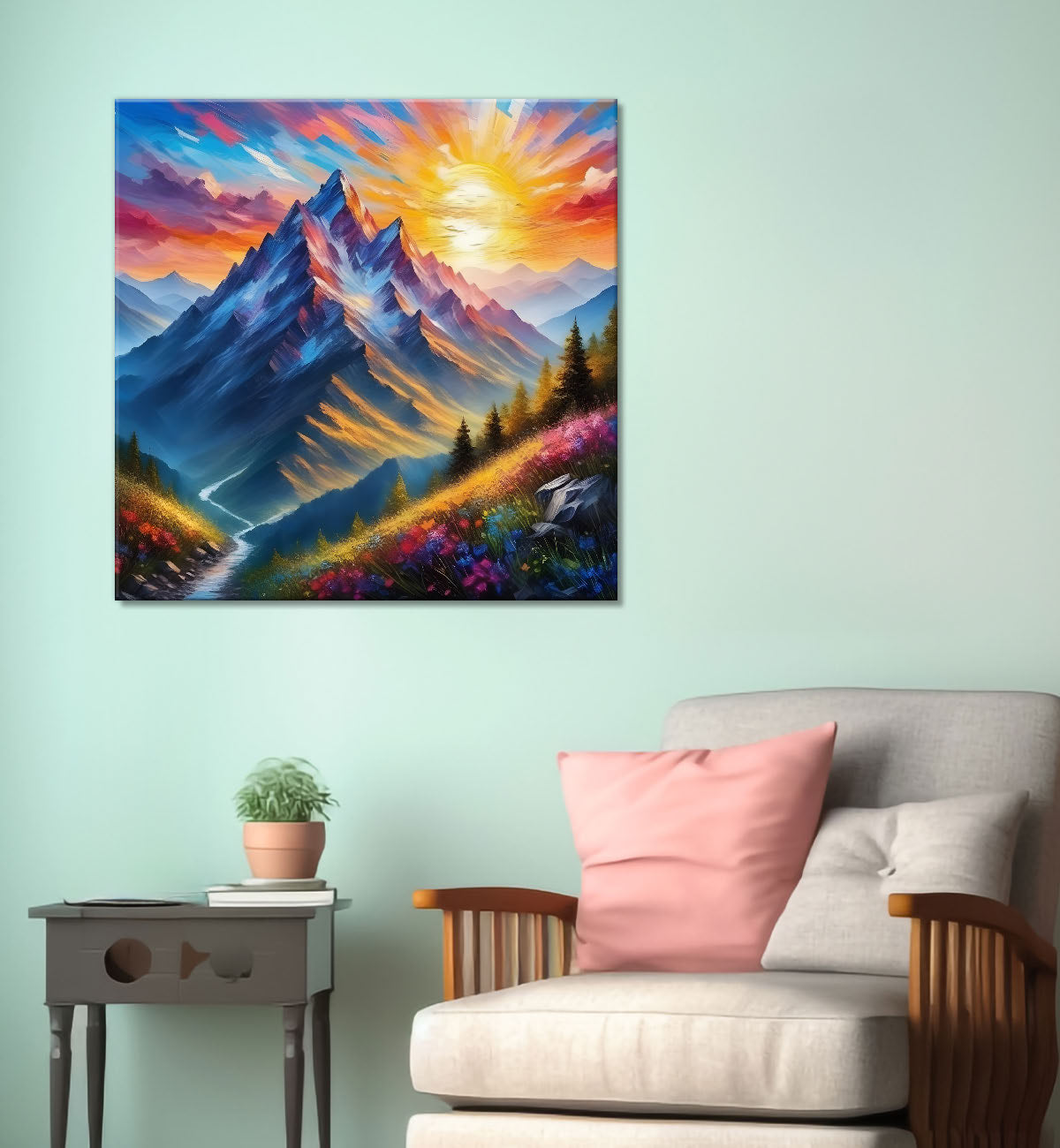 Mountains with greenery and flowers in sunrise textured painting Canvas Painting 24X24- Nature Art -S-30