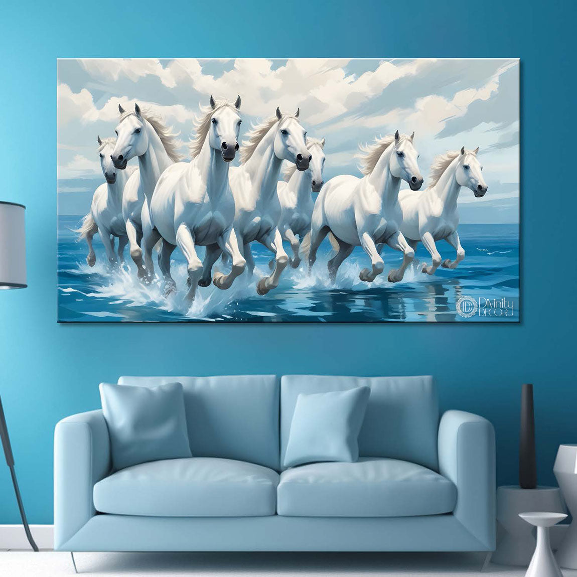 White running horses on the water with cloudy and sky blue textured background art Canvas Painting - Design - Horse-31