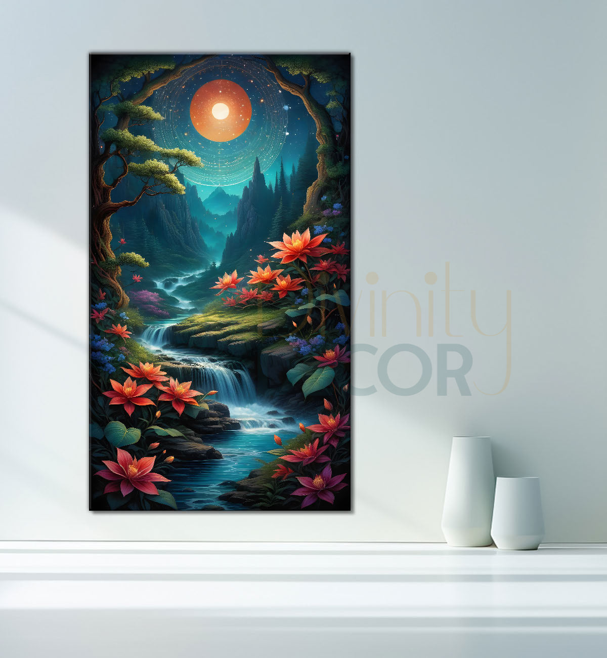 Colourful flowers with lake in mountains in night background textured painting Canvas Painting - Nature Art -V-31