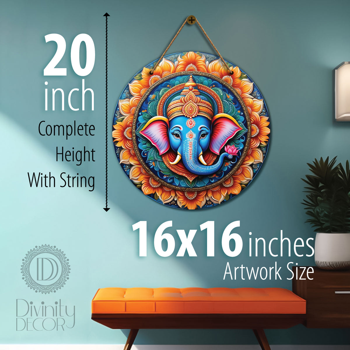 Ganesh Ji in orange and blue mandala Round Wooden Wall Hanging for wall Décor - Design - 31