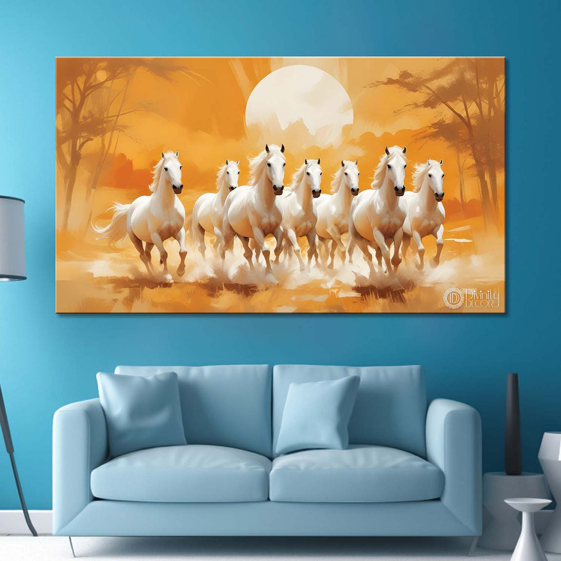 White running horses with trees and sunrise in yellow textured background art Canvas Painting - Design - Horse-32