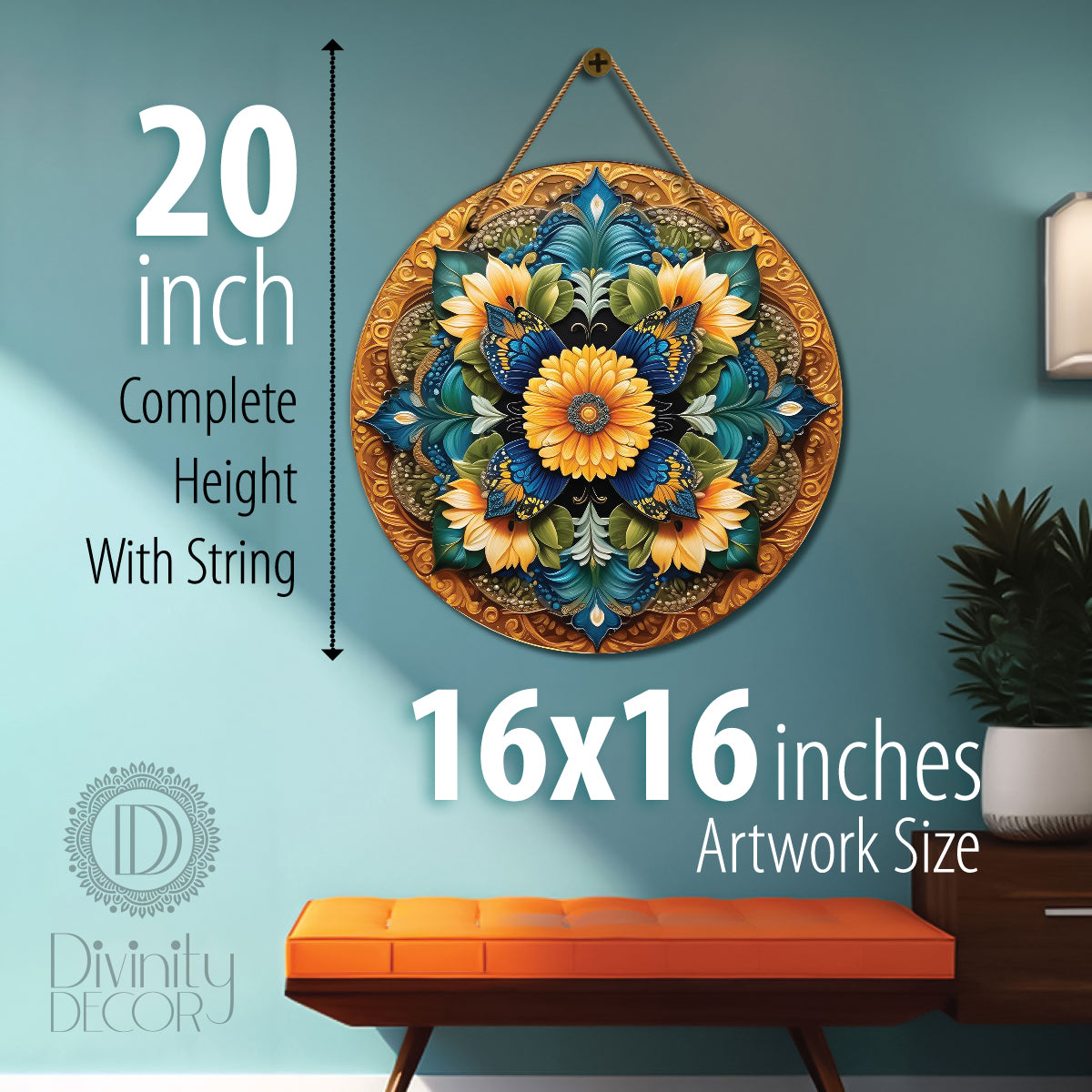Floral in yellow and blue mandala Round Wooden Wall Hanging for wall Décor - Design - 32