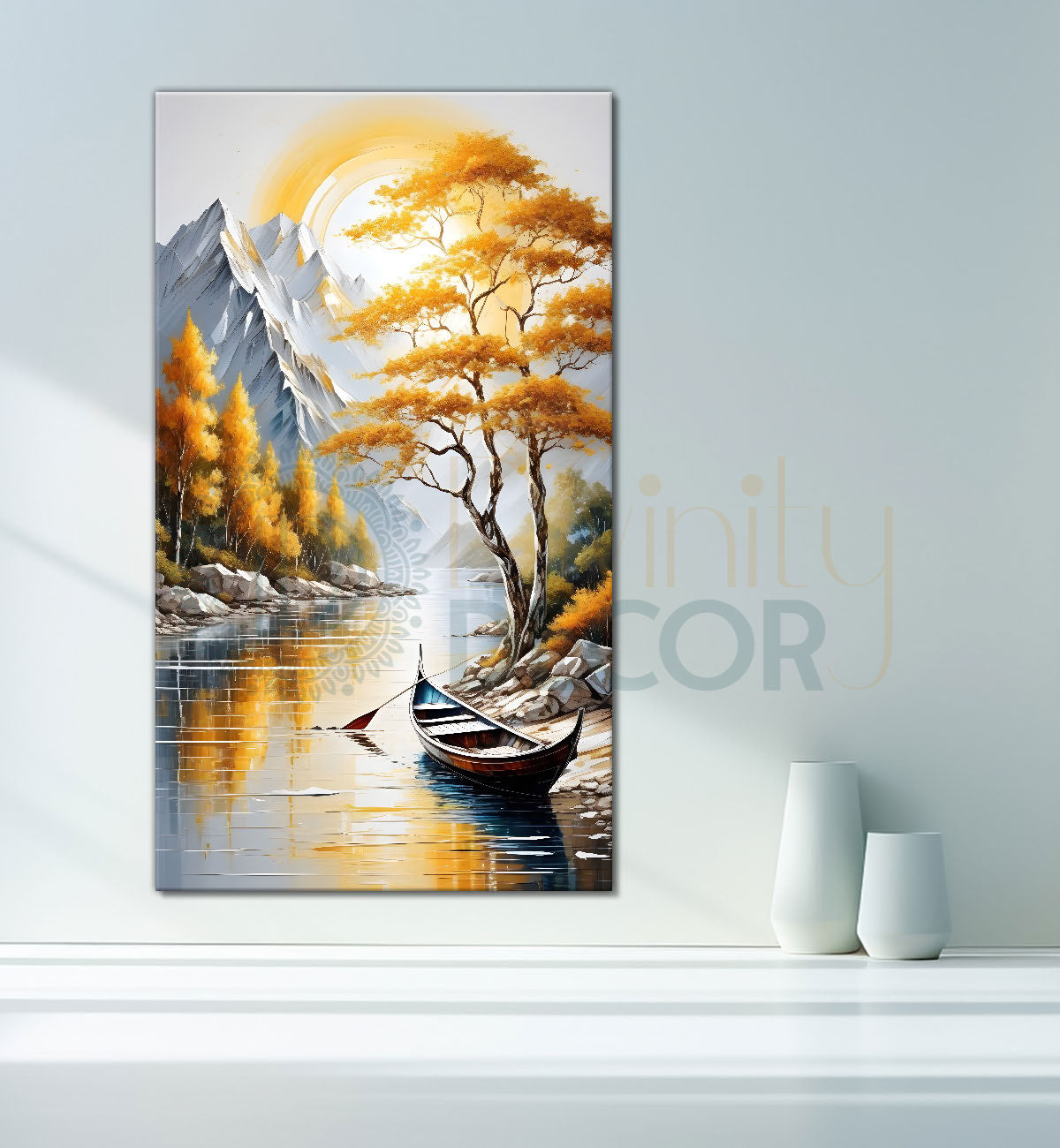 Yellow textured tree with lake in textured natural art Canvas Painting - Nature Art -V-32