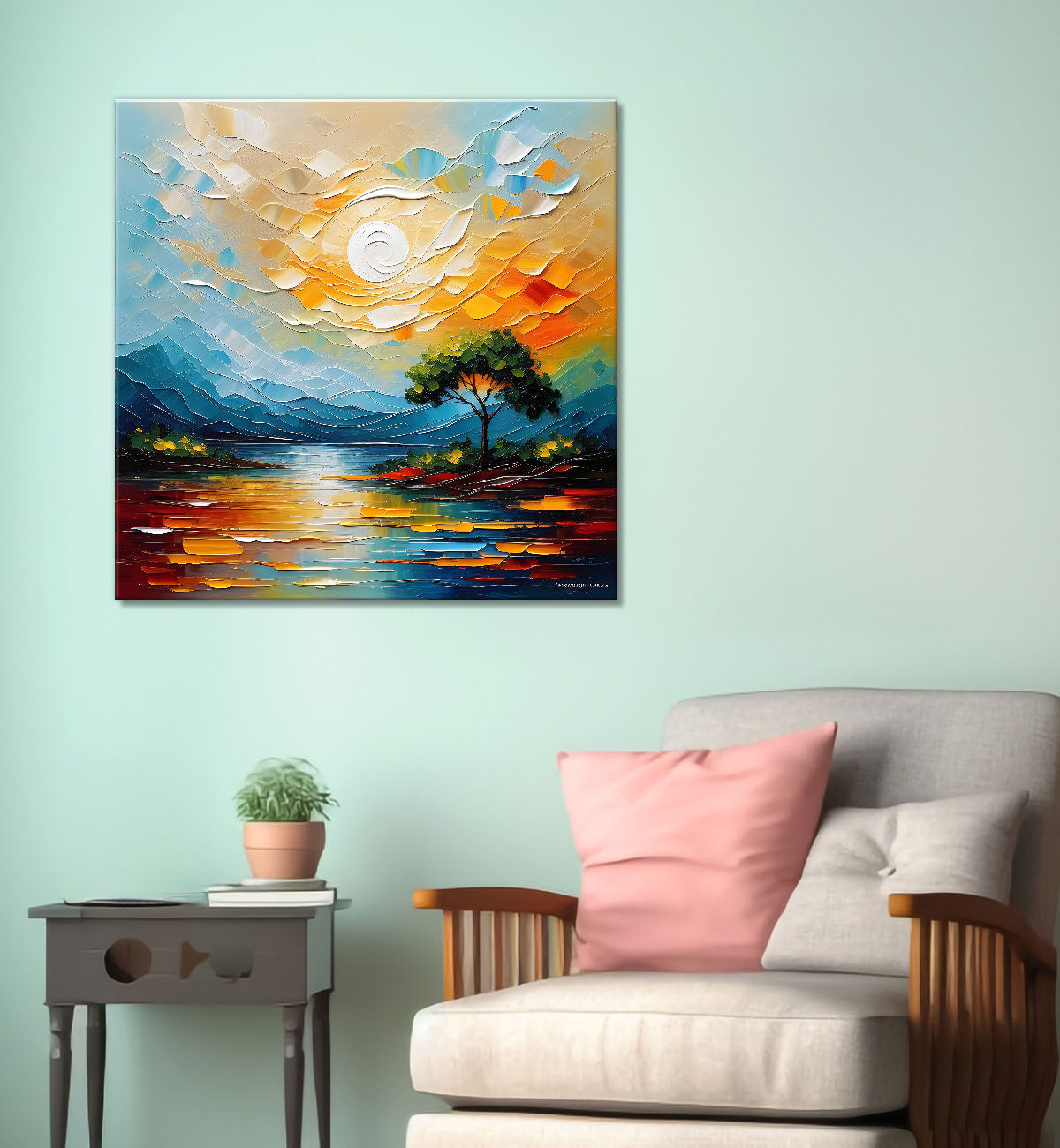 Mountains with sun and lake textuerd natural painting Canvas Painting 24X24 - Nature Art -S-32