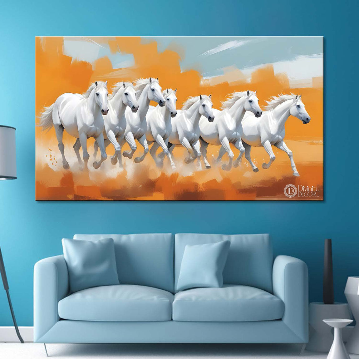 White running horses in yellow textured background art Canvas Painting - Design - Horse-33
