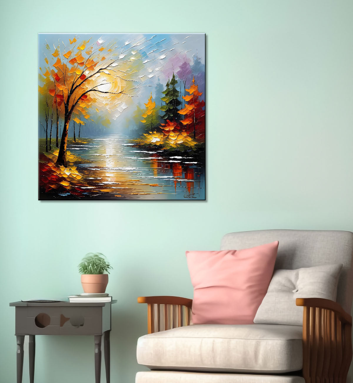 Orange tree with lake in textured natural painting Canvas Painting 24X24- Nature Art -S-33