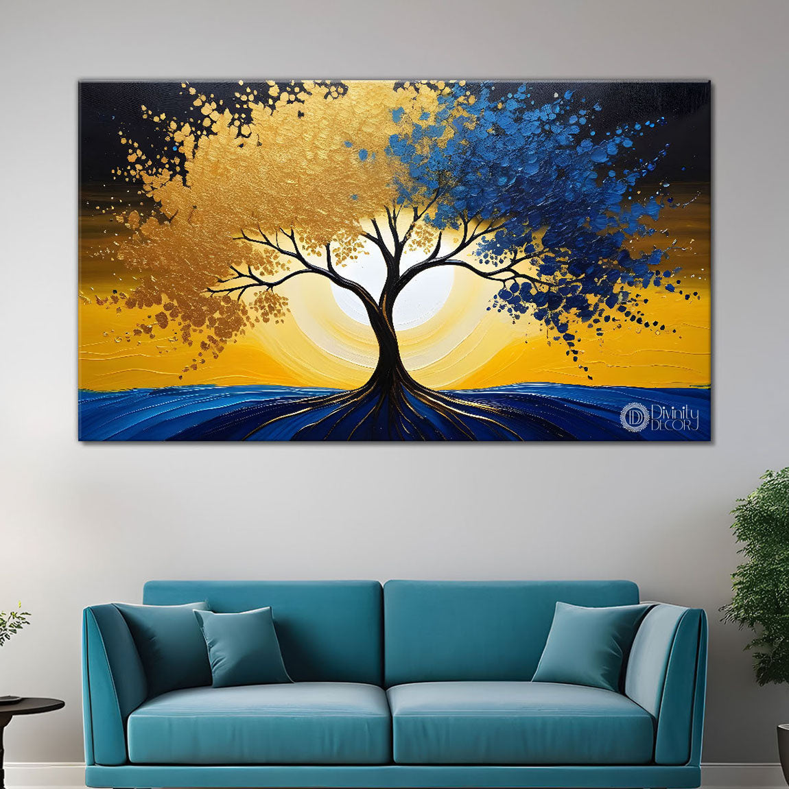 Tree in golden and blue textured modern art Canvas Painting - Design - Tree-33