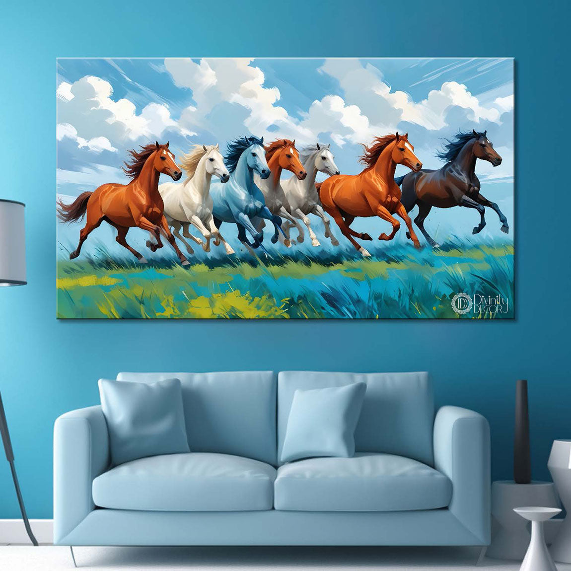 Brown, white and blue running horses on the field with cloudy and sky blue textured background art Canvas Painting - Design - Horse-34