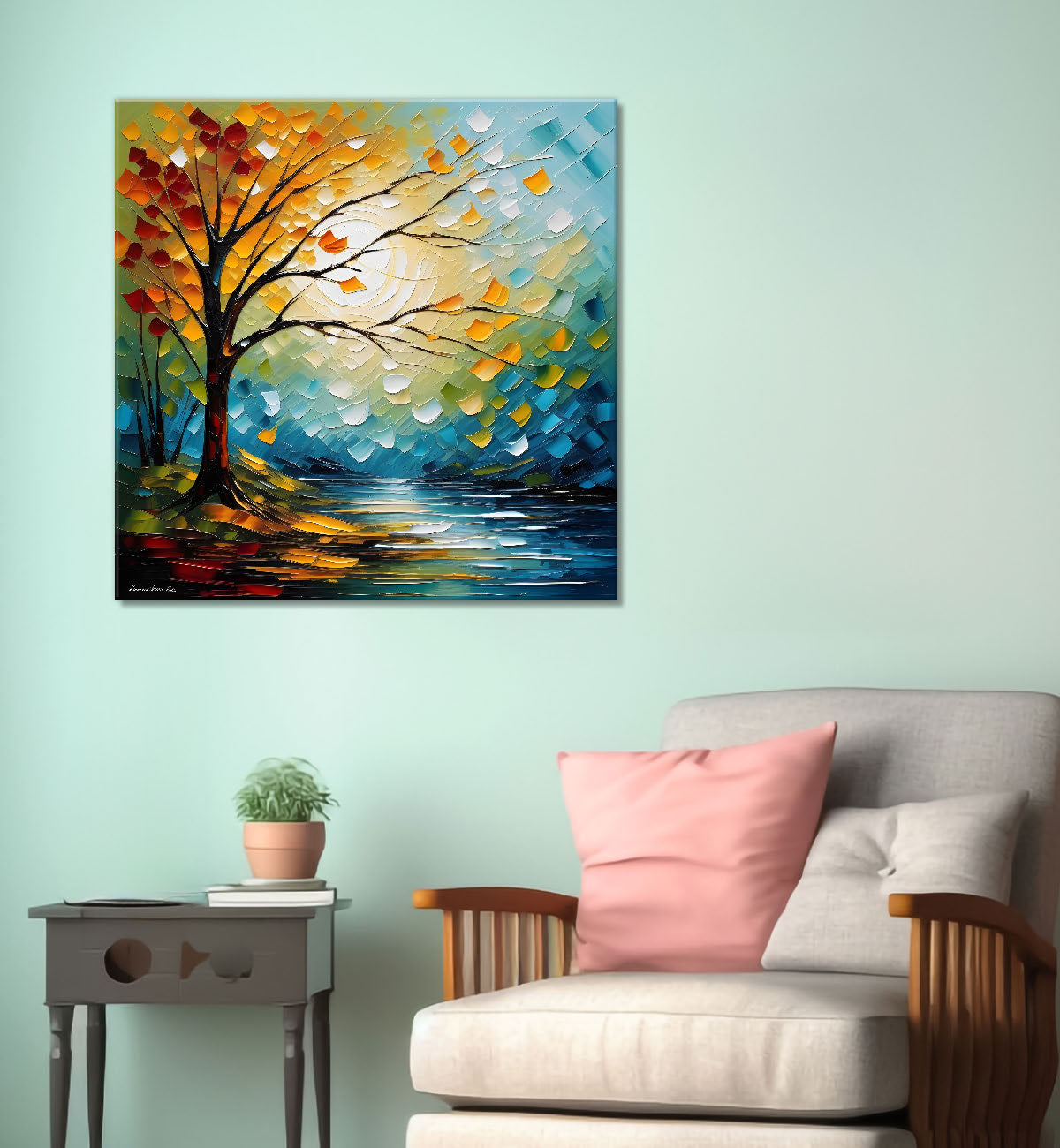 Colourful tree with lake in textured natural art painting Canvas Painting 24X24 - Nature Art -S-34