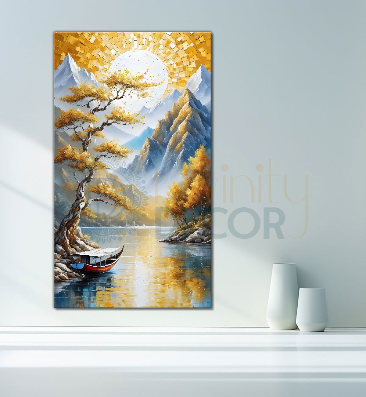 Golden trees with lake and white mountains textured painting Canvas Painting - Nature Art -V-34