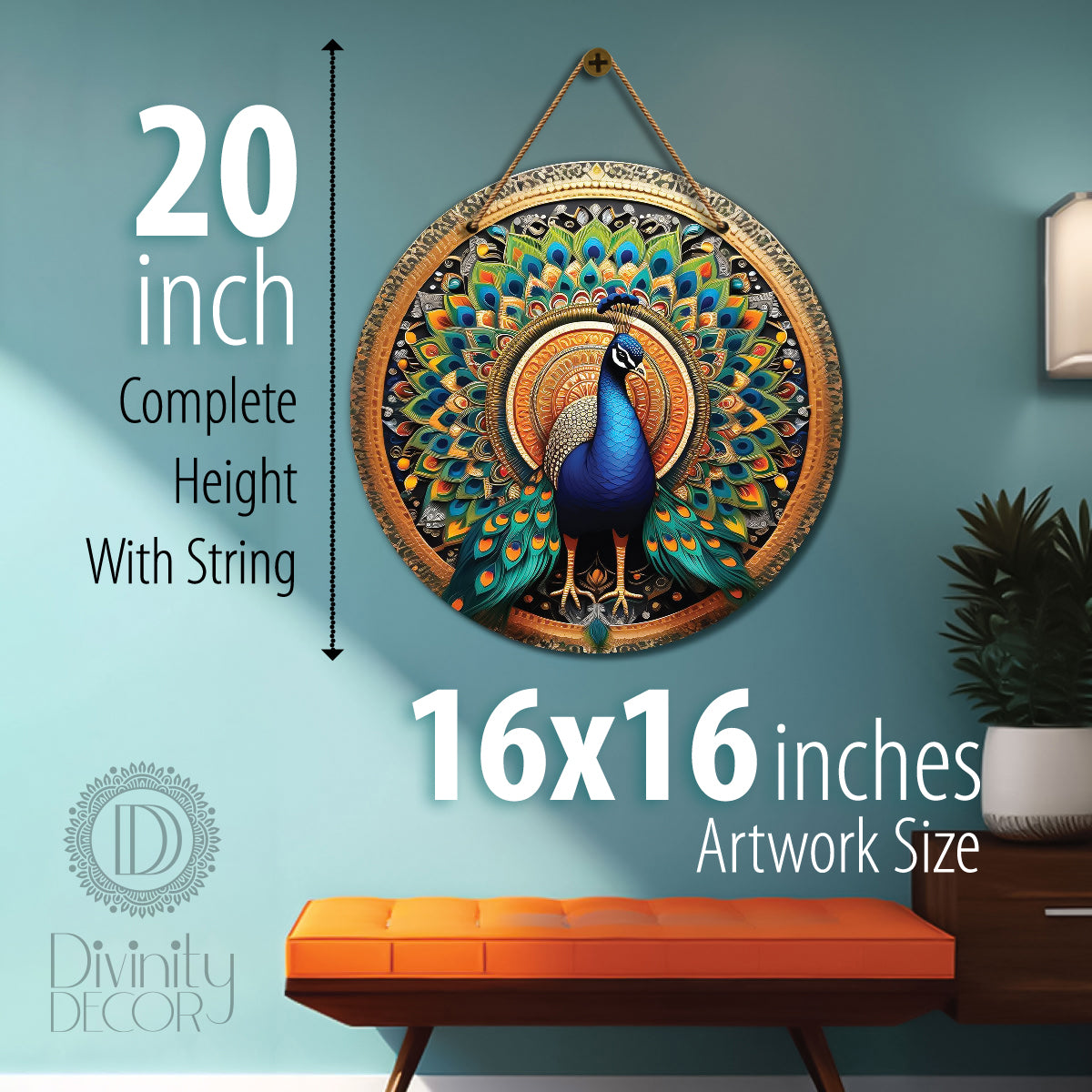 Peacock in green and golden mandala Round Wooden Wall Hanging for wall Décor - Design - 34