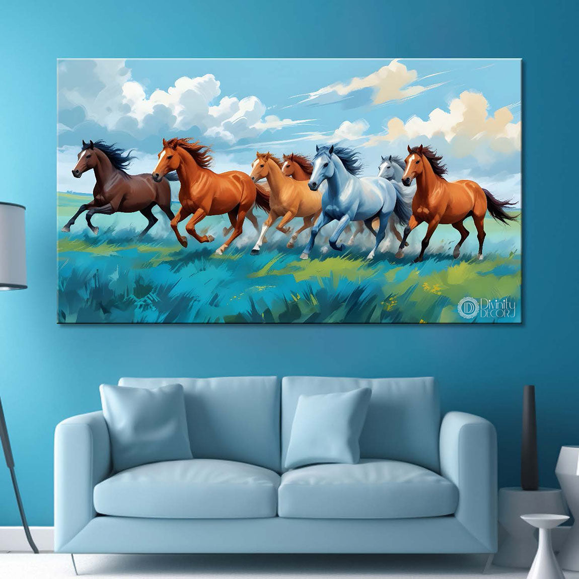 Brown, white and blue running horses on the field with cloudy and sky blue textured background art Canvas Painting - Design - Horse-35