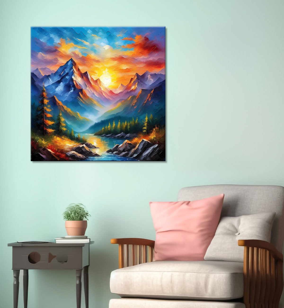 Colourful mountains in sunset natural painting Canvas Painting 24X24- Nature Art -S-35