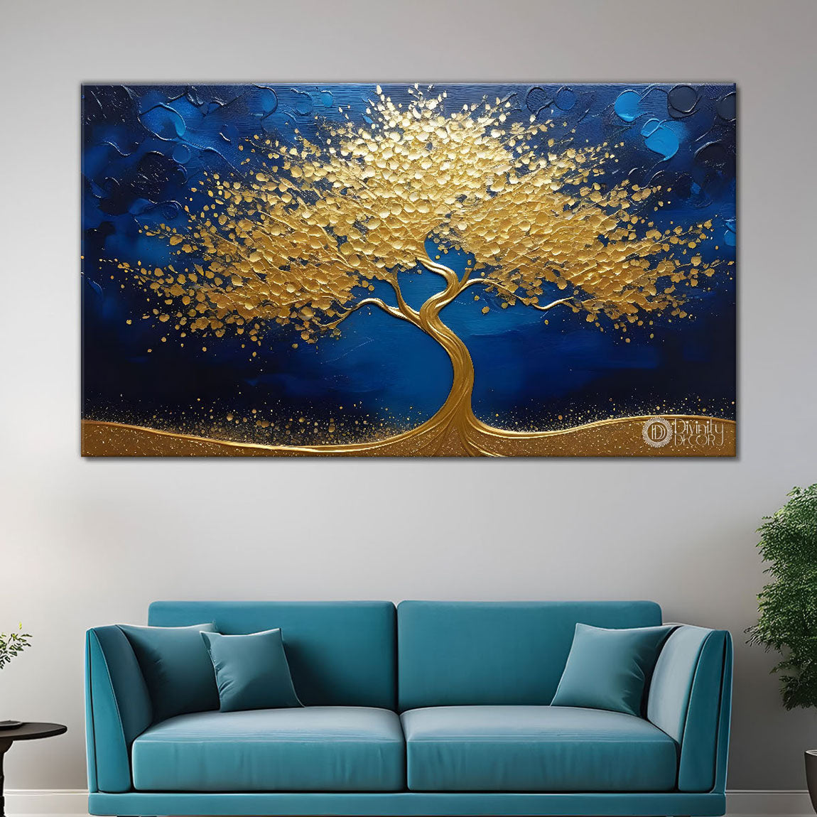 Golden tree in blue background textured modern art Canvas Painting - Design - Tree-35