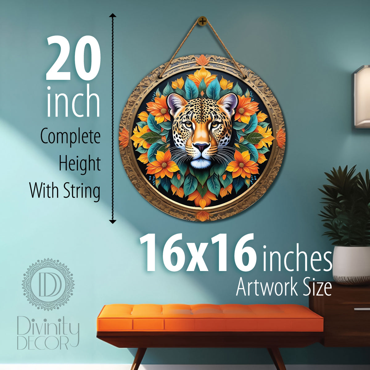 Tiger in green and orange mandala Round Wooden Wall Hanging for wall Décor - Design - 35