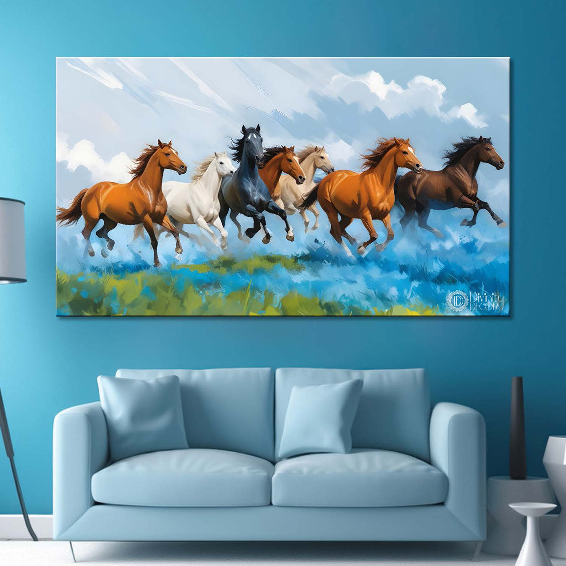 Brown, white and blue running horses on the field with cloudy and sky blue textured background art Canvas Painting - Design - Horse-36