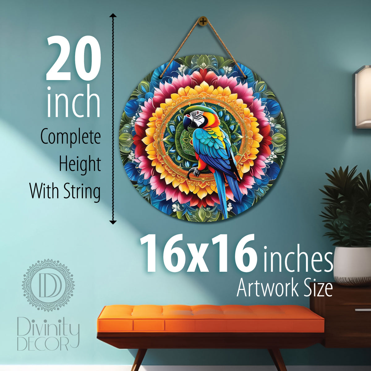 Peacock in orange and blue mandala Round Wooden Wall Hanging for wall Décor - Design - 36