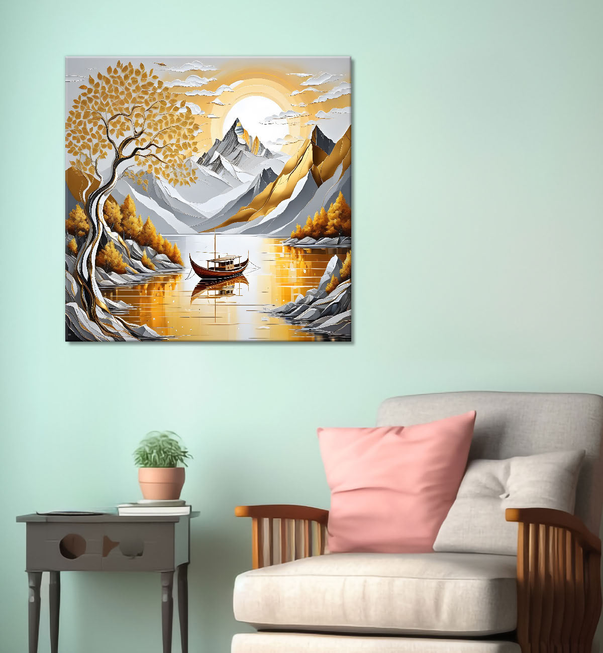 Golden tree with river and mountains in light background painting Canvas Painting 24X24 - Nature Art -S-36