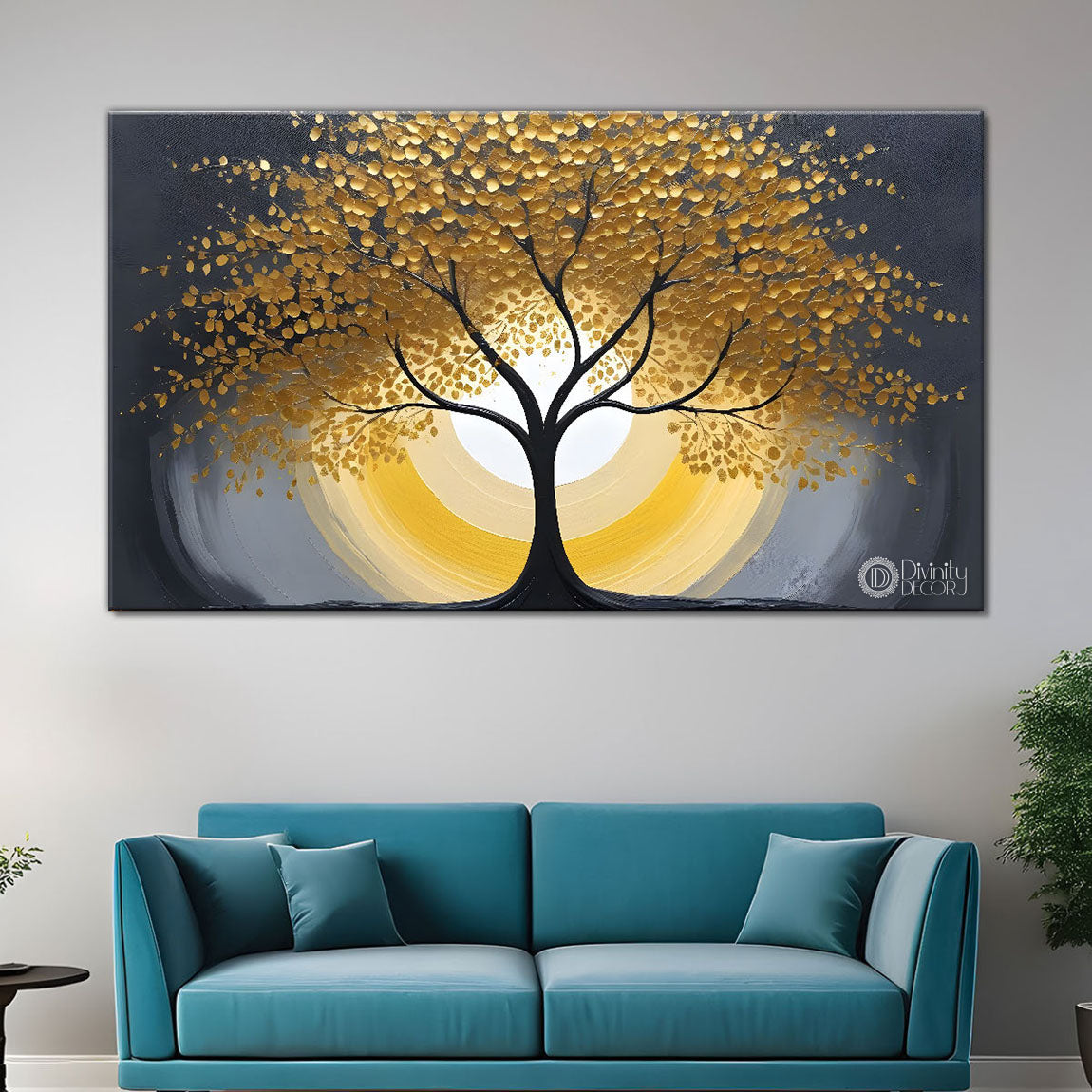 Golden tree in grey background textured modern art Canvas Painting - Design - Tree-36
