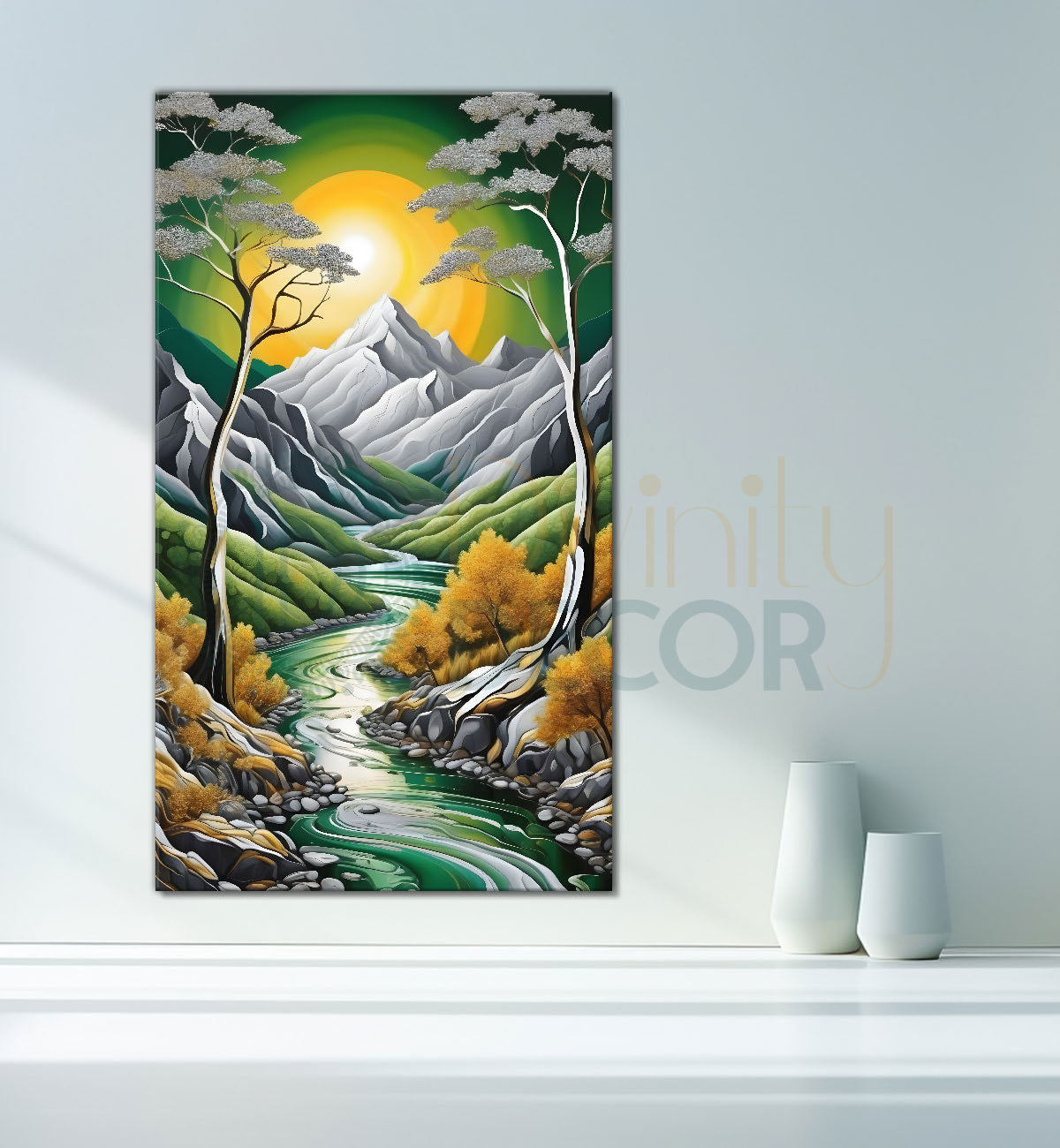 Grey mountains with trees in green background with sunrise textured painting Canvas Painting - Nature Art -V-36