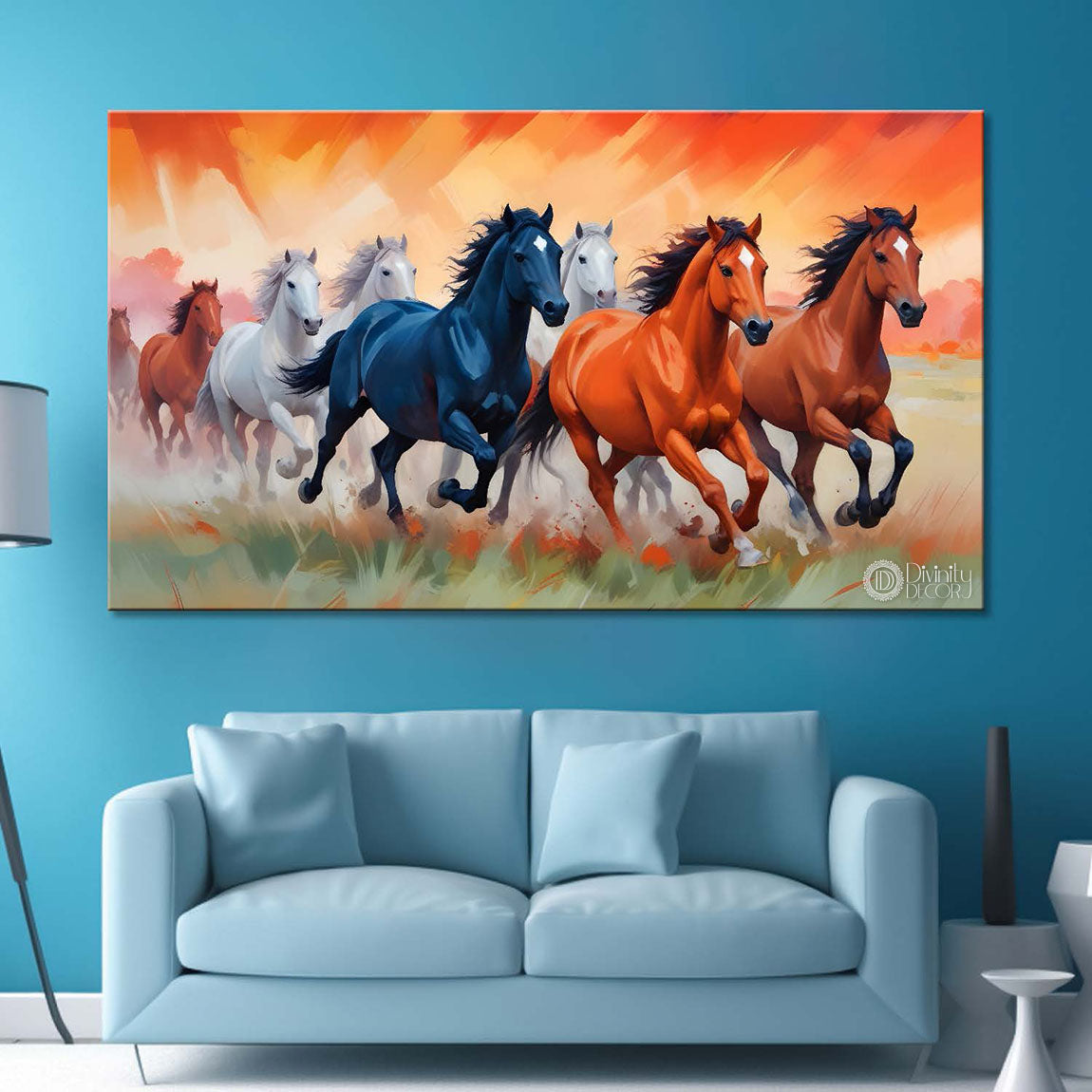Brown, white and blue running horses on the field in orange textured background art Canvas Painting - Design - Horse-37
