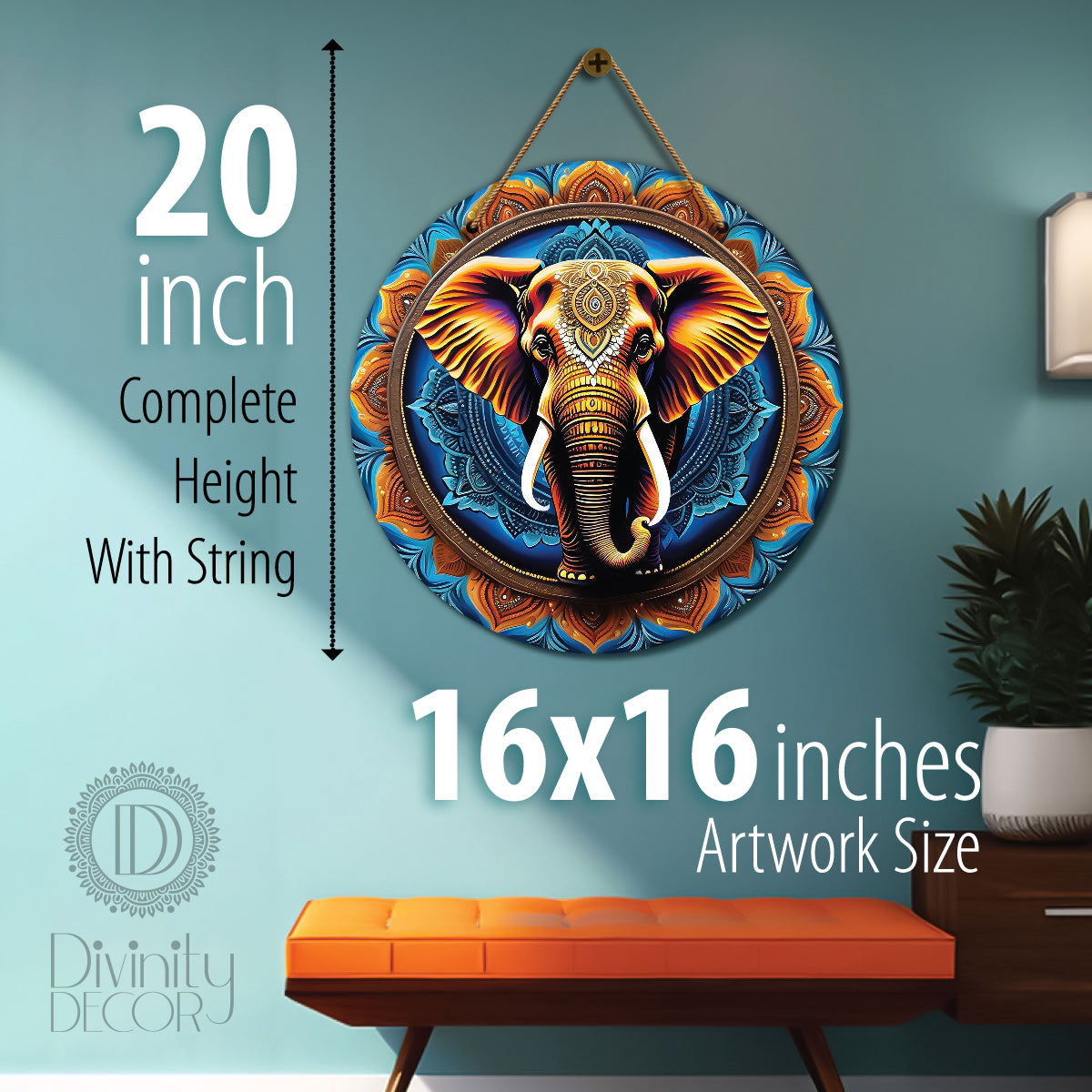 Elephant in blue and brown mandala Round Wooden Wall Hanging for wall Décor - Design - 37