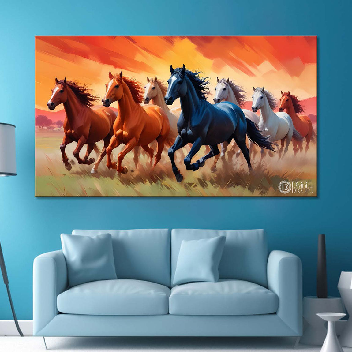 Brown, white and blue running horses on the field in orange textured background art Canvas Painting - Design - Horse-38