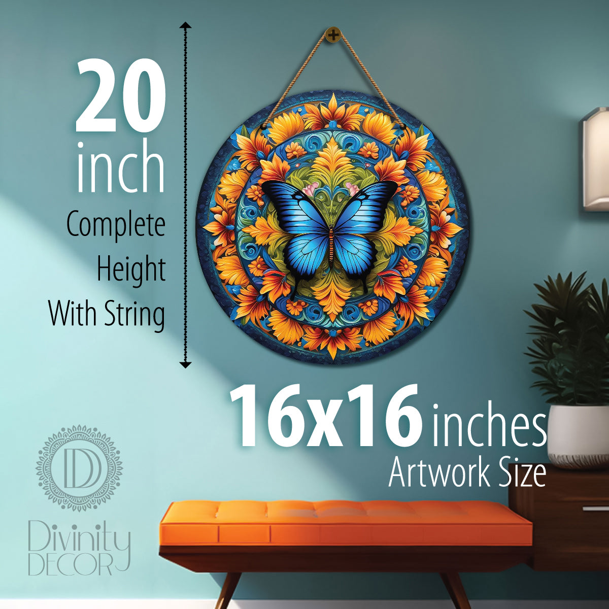Blue butterfly in orange and green mandala s Round Wooden Wall Hanging for wall Décor - Design - 38