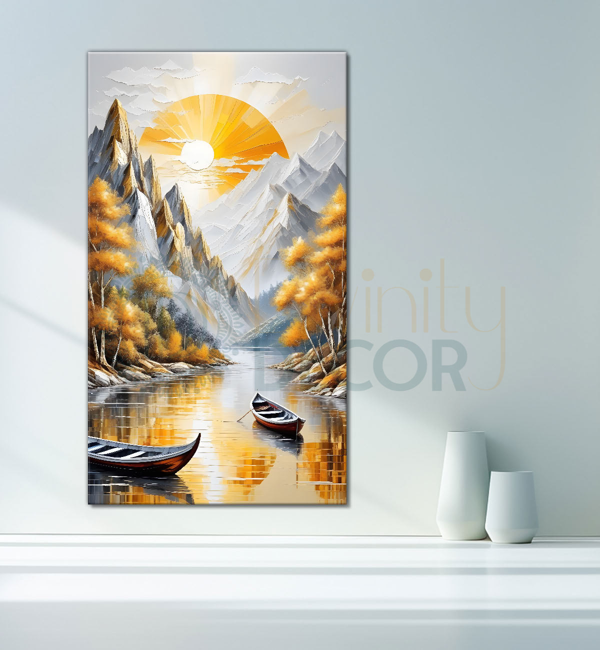 Yellow trees with lake and white mountains textured painting Canvas Painting - Nature Art -V-38