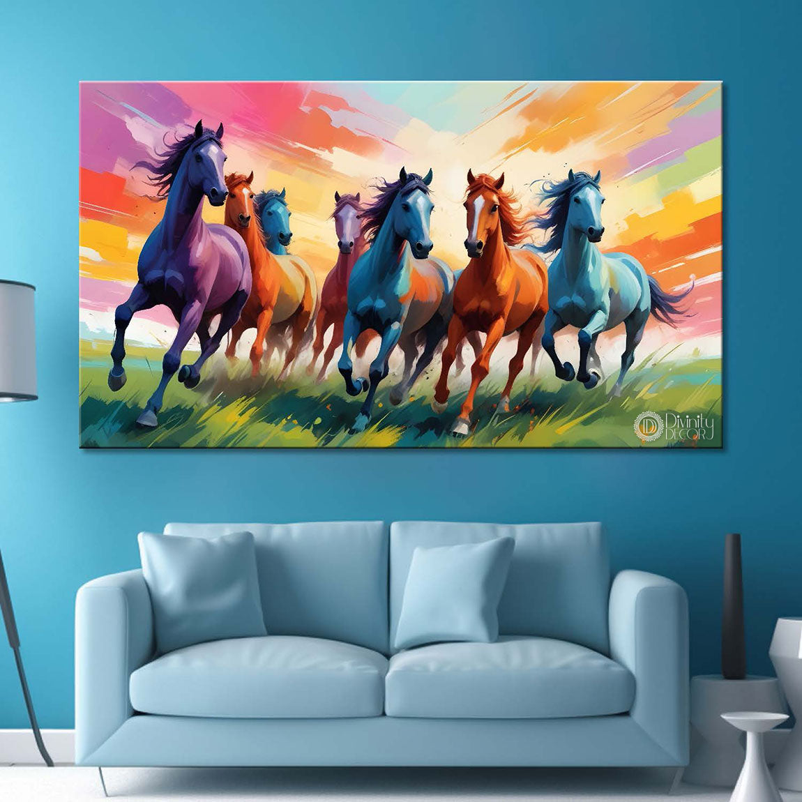 Brown, purple and blue running horses on the field in colorful textured background art Canvas Painting - Design - Horse-39