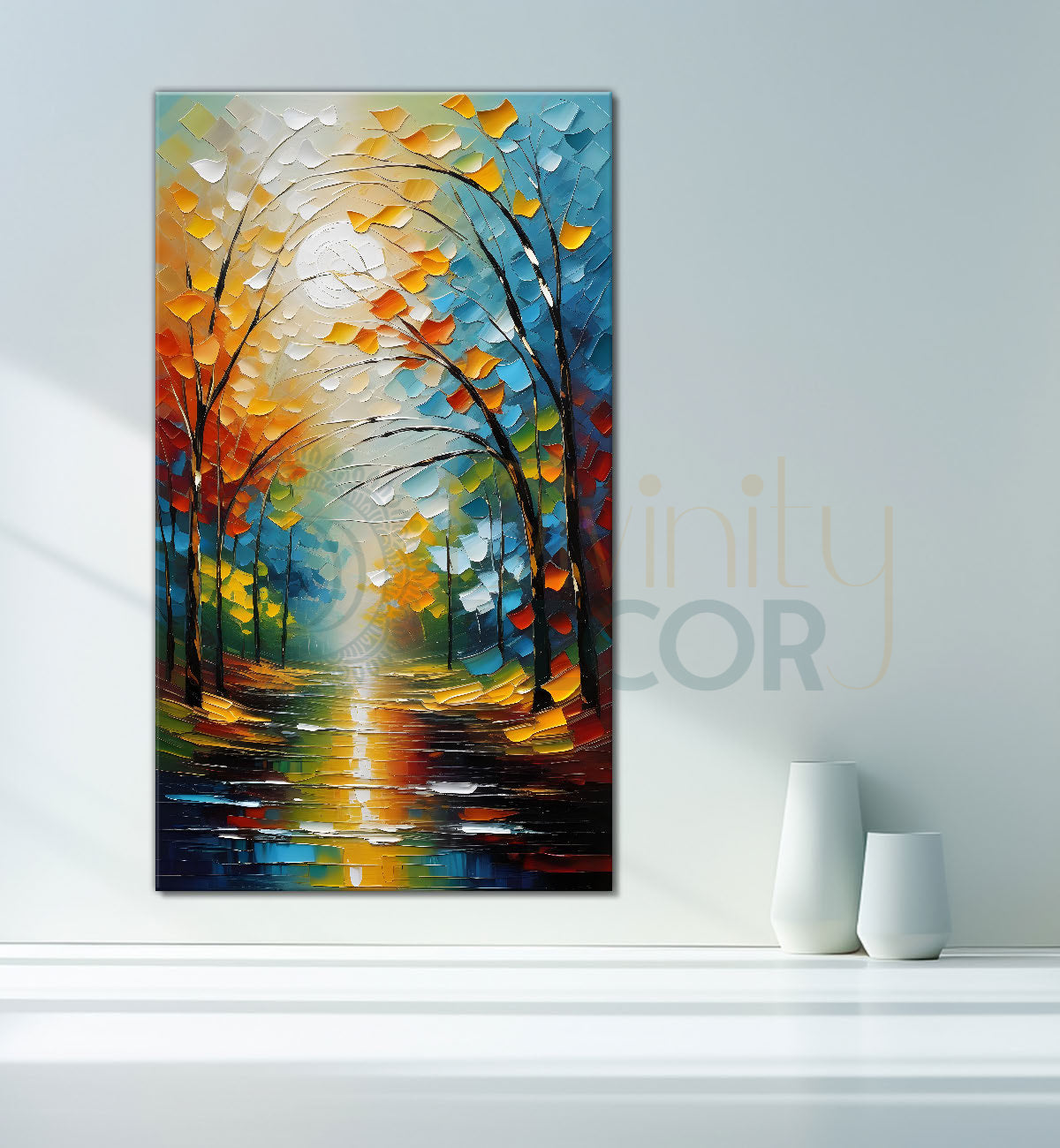 Colourful trees with lake in textured painting Canvas Painting - Nature Art -V-39