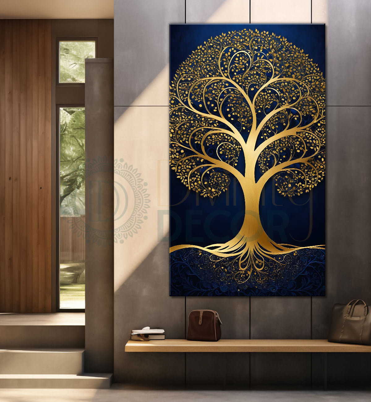 Golden tree in dark blue texutred background modern art Canvas painting - Tree-V-3